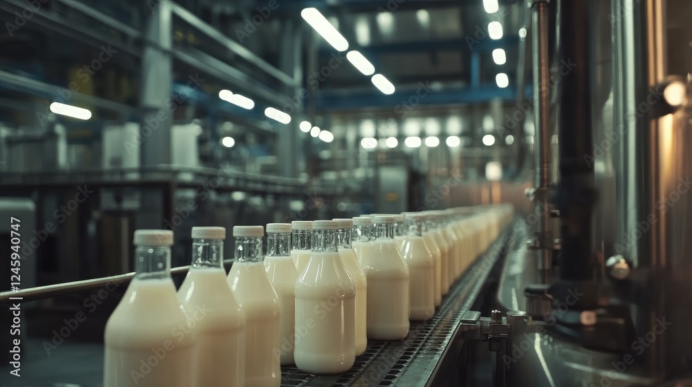 Poster Milk bottles moving along a production line, filled and sealed, showcasing the efficiency of automated dairy processing in a modern factory.