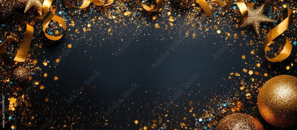 Poster golden carnival decorations with glittering confetti and empty space for personalized text on a dark