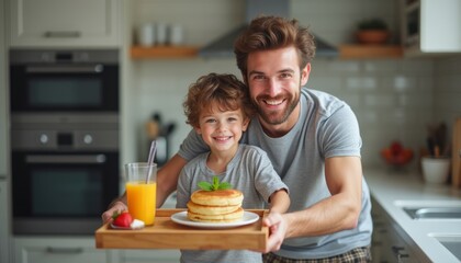 A cheerful father and his young son proudly present a tray of fluffy pancakes topped with mint, alongside a refreshing glass of orange juice. This heartwarming scene captures the essence of family