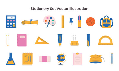 Educational stationery illustration set vector, Colorful set of school stationery and accessories. Vector illustration collection of study tools and learning materials for educational content.