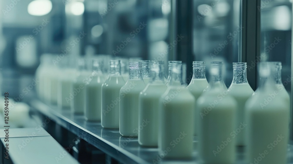 Poster milk bottles on a production line, ready for packaging, in a clean, automated environment, showing t