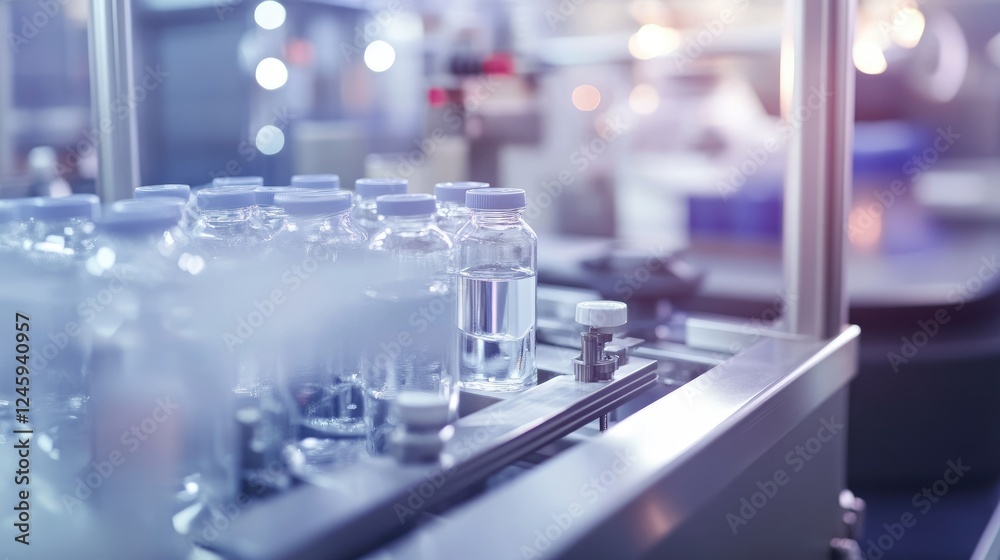 Poster milk bottles on a production line, ready for packaging, in a clean, automated environment, showing t