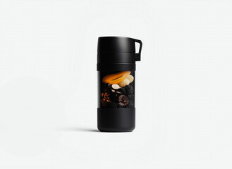 Black Protein Shaker with Ingredients, Minimalistic Design, Clean Aesthetic