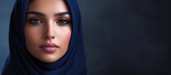 Naklejka premium Elegant portrait of a woman in a dark blue headscarf against a muted background with ample space for text and branding opportunities