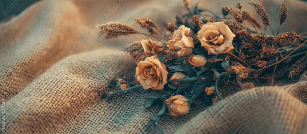 Aufkleber Dry flower bouquet on burlap background with selective focus and warm tones creating a rustic and tranquil atmosphere