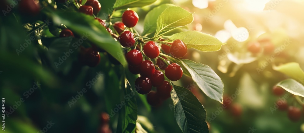 Poster cherry berries on branch illuminated by sunlight with lush green leaves creating a fresh and vibrant