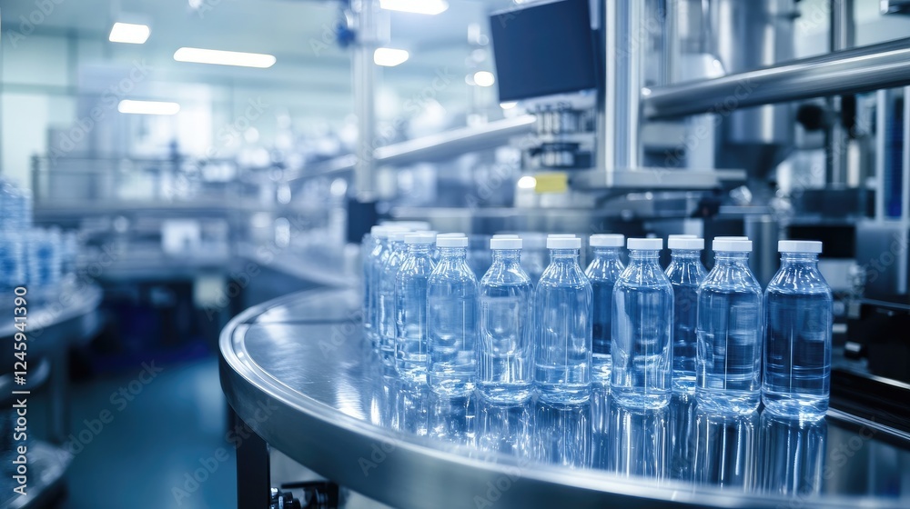 Poster milk bottles on a production line, ready for packaging, in a clean, automated environment, showing t