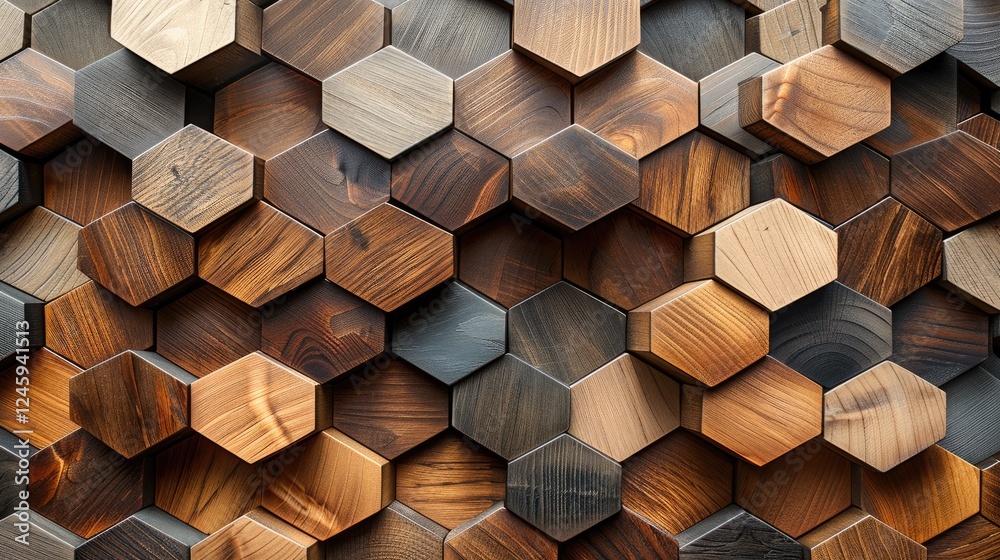 Poster a geometric pattern wooden wallpaper with alternating wood shades, from light ash to deep mahogany, 