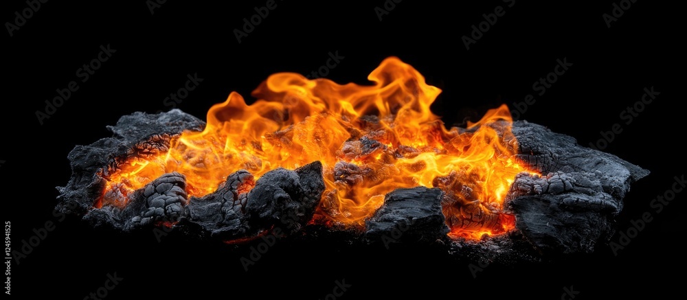 Poster charcoal flames glowing on a dark background creating a dramatic and high-quality image for cooking 