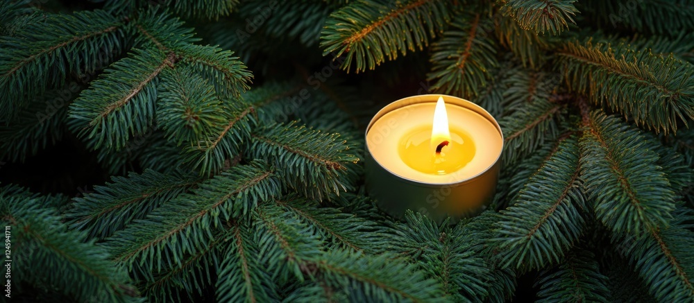 Poster candle flickering among evergreen branches creating a cozy christmas atmosphere with space for festi