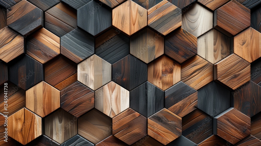 Poster a geometric pattern wooden wallpaper with alternating wood shades, from light ash to deep mahogany, 