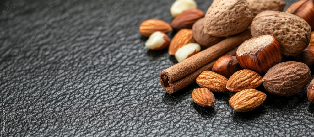 Poster raw hazelnut kernels and almonds with cinnamon stick on textured black leather background showcasing
