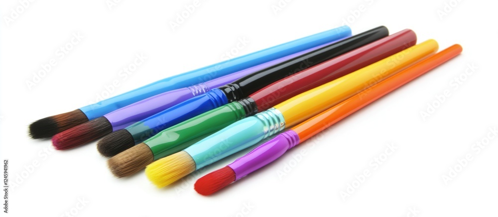 Poster Colorful paintbrushes arranged neatly on a white background showcasing various sizes and styles for creative art projects and painting.