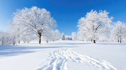 Obraz premium Snow-covered trees, winter park path, sunny day, nature scene