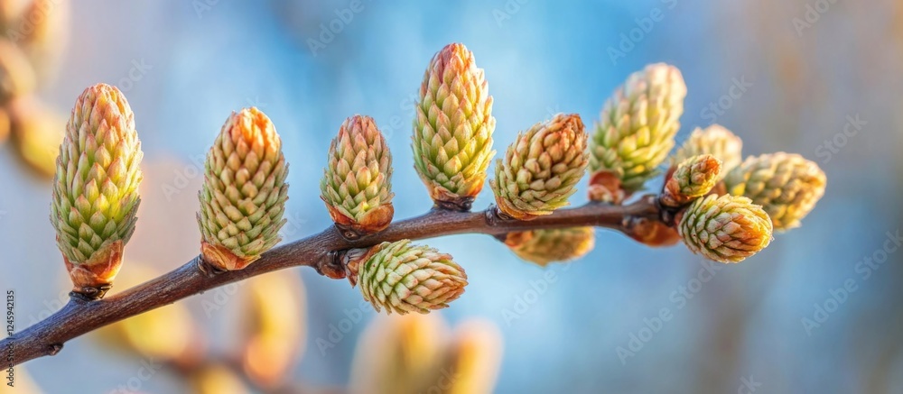 Poster spring budding trees: close-up of new growth on branches signifying seasonal renewal and nature's aw