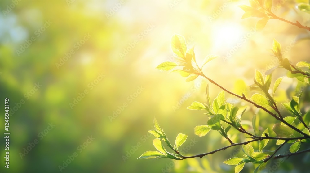 Poster sunlit maple tree branches in close-up with soft bokeh background and ample copy space for text or g
