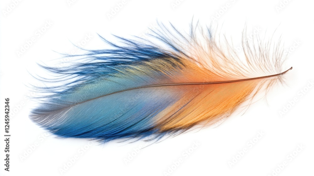 Poster vibrant close-up of a blue and orange pheasant feather with smooth textures and ample empty space fo
