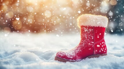 Festive Red Boot on Snowy Ground with Falling Snowflakes and Soft Focus Background for Holiday Text or Greetings