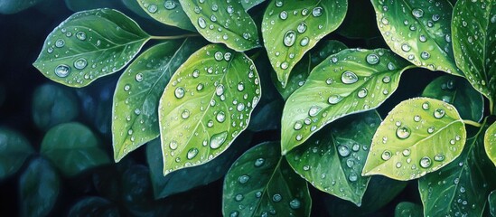 Fototapeta premium Close up of vibrant green leaves adorned with water droplets reflecting freshness in a natural setting perfect for spring or summer themes