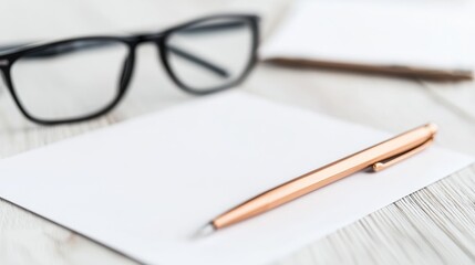 Fototapeta premium Blank note, pen, glasses, desk, office work