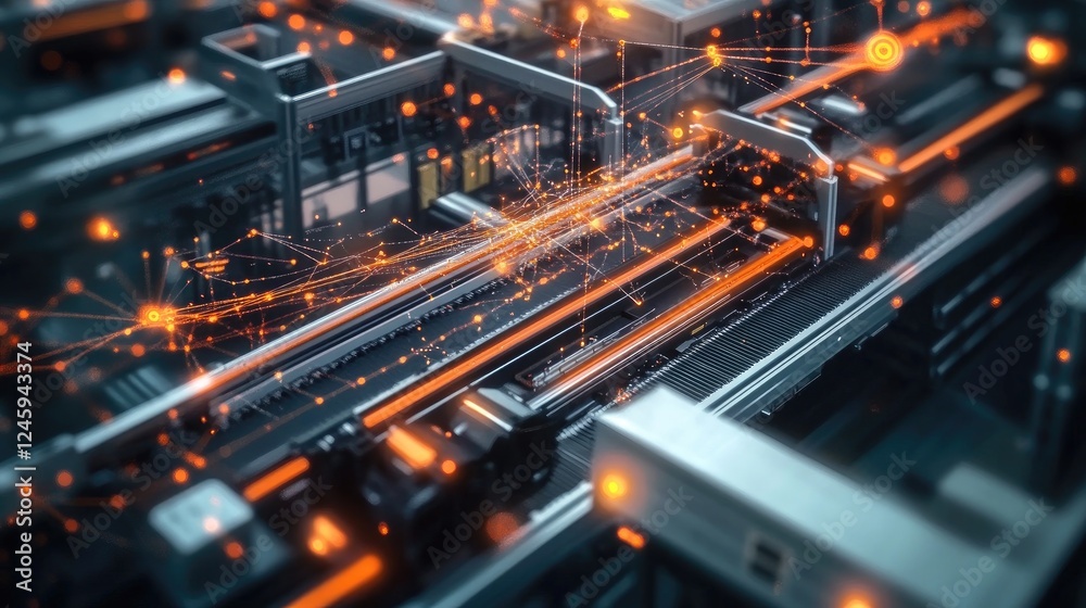 Aufkleber Overhead view of a conveyor system with autonomous carts in motion, highlighting the vibrant network connections and seamless operation within a high-tech environment.