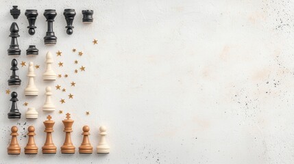 Minimalist chess set overhead shot simple and elegant display artistic photography neutral background contemporary aesthetic game concept