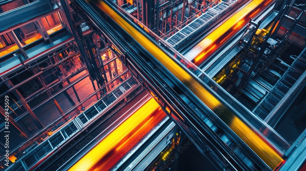 Poster Overhead view of a conveyor system with autonomous carts in motion, highlighting the vibrant network connections and seamless operation within a high-tech environment.