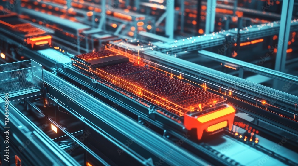 Poster Overhead view of a conveyor system with autonomous carts in motion, highlighting the vibrant network connections and seamless operation within a high-tech environment.