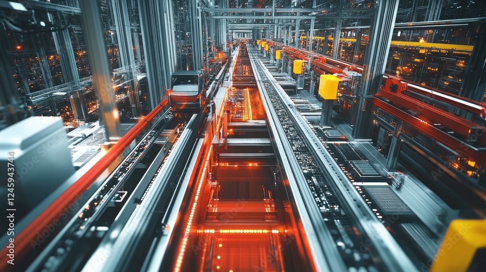 Aufkleber Overhead view of a conveyor system with autonomous carts in motion, highlighting the vibrant network connections and seamless operation within a high-tech environment.