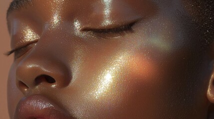 Close-up of a woman's face, with her eyes closed and her lips slightly parted. the focus is on her face, and her skin appears to be glowing with a metallic gold-colored makeup.
