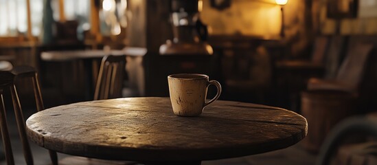Obraz premium Coffee cup on rustic wooden table in cozy coffee shop with vintage lighting and ambiance for a warm and inviting atmosphere