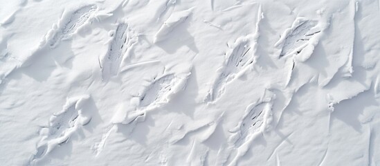 Fototapeta premium Chicken footprints in fresh snow creating intriguing patterns on a winter landscape.