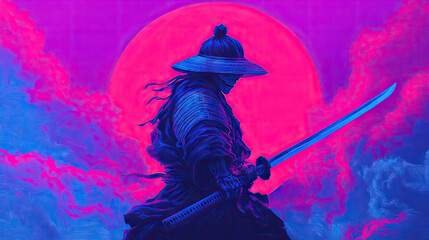 Fototapeta premium Neon Samurai Warrior with Sword Against a Vivid Sunset