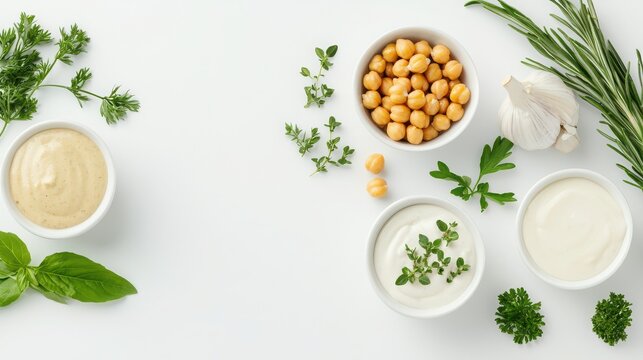 A collection of fresh herbs, chickpeas, garlic, and creamy dips arranged in bowls on a white background, highlighting healthy ingredients for cooking. - Powered by Adobe