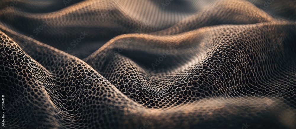 Poster detailed close-up view of textured black nylon mesh fabric showcasing intricate patterns and soft wa