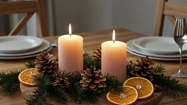 A rustic holiday centerpiece on a wooden dining table. Two lit pillar candles surrounded by pinecones, evergreen branches, and slices of dried orange