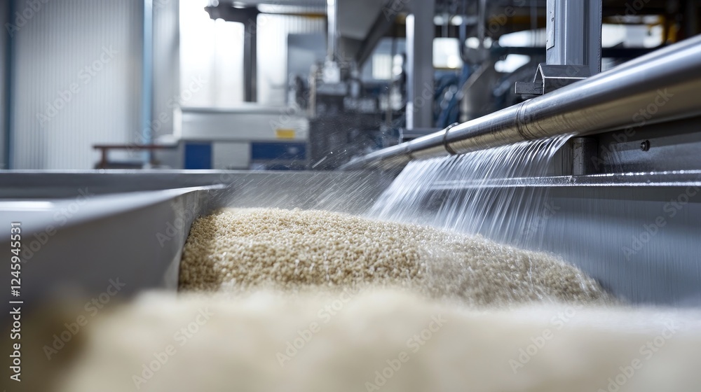Poster Raw materials flowing into a high-tech production machine, capturing the precise start of the manufacturing process, emphasizing local sourcing and efficiency.
