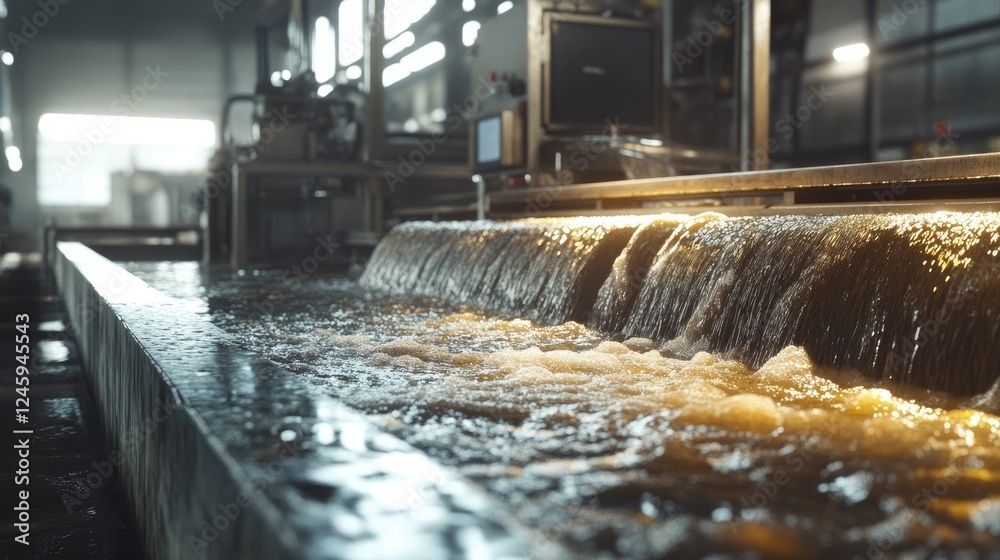 Poster Raw materials flowing into a high-tech production machine, capturing the precise start of the manufacturing process, emphasizing local sourcing and efficiency.