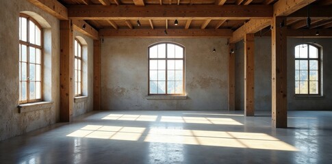 Vast empty loft space, natural light floods in , interior, building