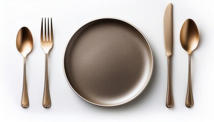 Elegant dining table setting with modern cutlery and a simple plate on a white background.