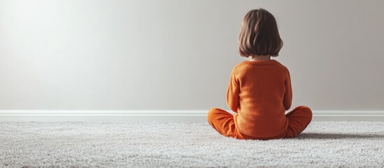 Child sitting on plush carpet in introspective pose with blank wall above for potential text or graphics placement.