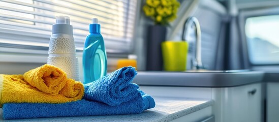 Cleaning products and towels arranged for maintaining cleanliness in a motorhome interior with space for text and sunlight streaming through windows