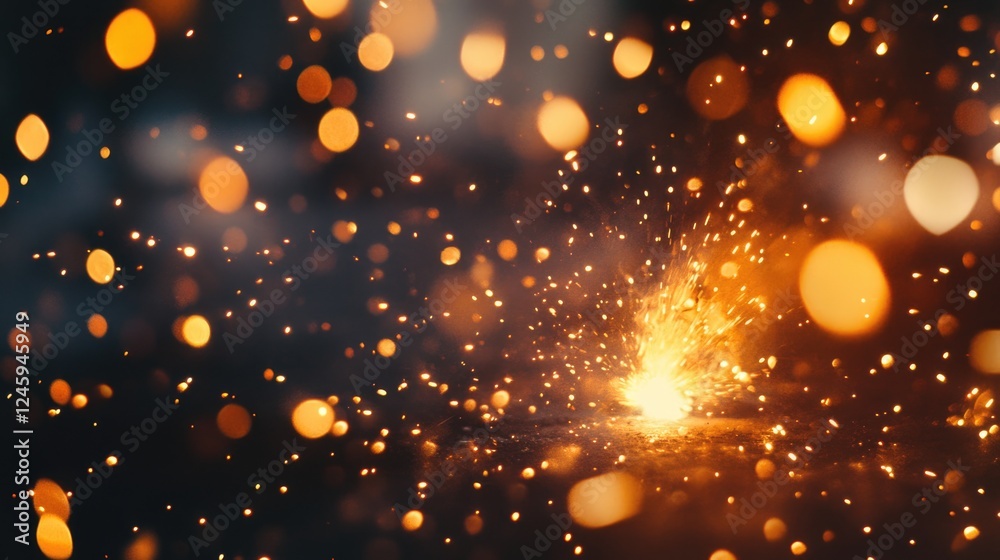 Poster close up of welding sparks with bokeh effect creating vibrant energy and empty space for adding text