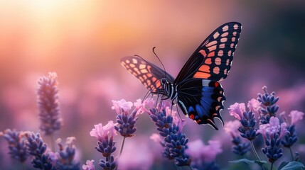 Vibrant butterfly perched on lavender flower capturing the essence of nature s beauty with soft bokeh and space for text overlay