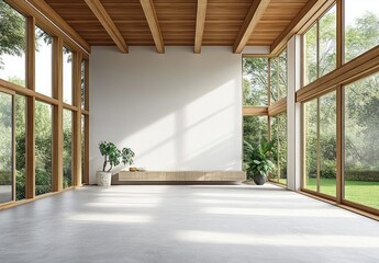 Obraz premium Spacious Modern Minimalist Room with Wood Beams and Large Windows Overlooking Nature