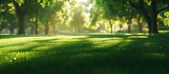 Close up of lush green grass in a serene park setting with a softly blurred backdrop of trees and sunlight filtering through foliage.