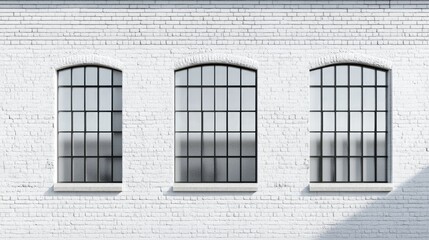 Close up of white brick wall featuring three arched windows providing ample empty space for text or graphic placement in an industrial setting