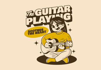 The playing guitar. Retro girl character illustration playing a guitar