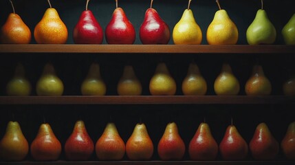 Vibrant display of assorted pears in dramatic lighting on shelves showcasing fresh produce with space for text in a grocery store setting