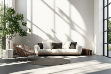 Modern Minimalist Living Room with Bright Natural Lighting and Geometric Shadows